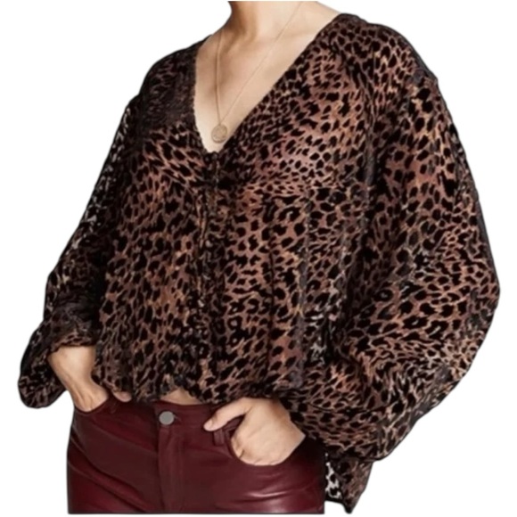 Free People Tops - Free People Wild Dreams Velvet Sheer Leopard Blouse, Large Boho Top, EUC
